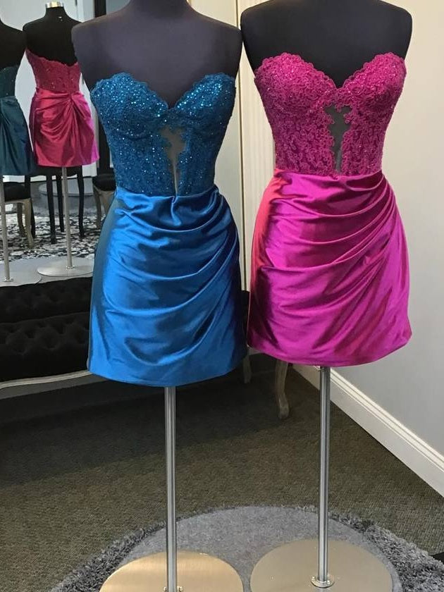 Stunning Fuchsia Bodycon Sweetheart Lace Top Short Satin Homecoming Dress