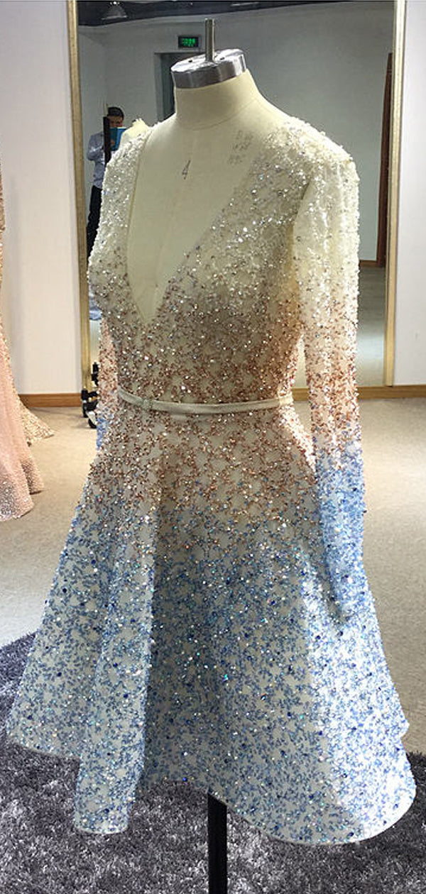 Stunning Sparkly Beading Sequin Long Sleeve V-neck Homecoming Dresses,HD0047