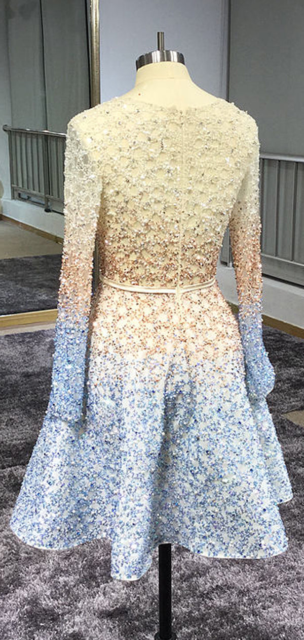 Stunning Sparkly Beading Sequin Long Sleeve V-neck Homecoming Dresses,HD0047