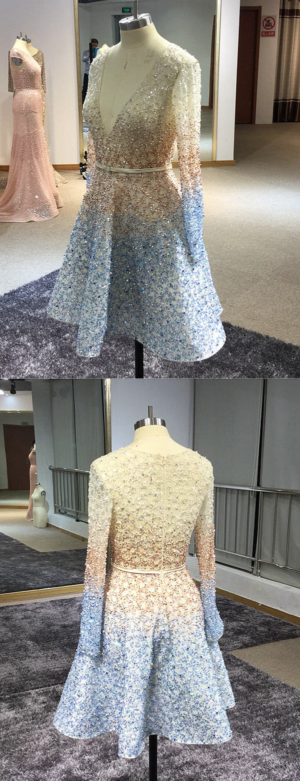 Stunning Sparkly Beading Sequin Long Sleeve V-neck Homecoming Dresses,HD0047