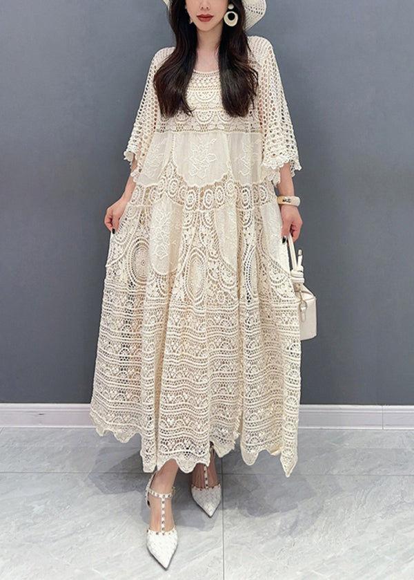 Crochet Lace Patchwork Hollow Out Bell Sleeve Tiered Maxi Dress