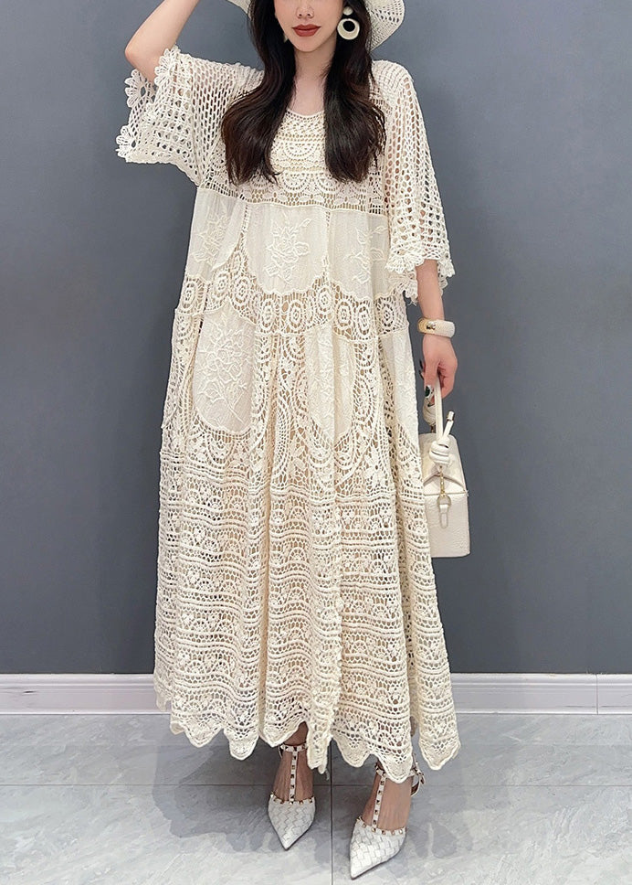 Crochet Lace Patchwork Hollow Out Bell Sleeve Tiered Maxi Dress