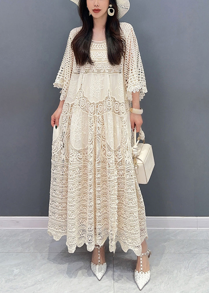 Crochet Lace Patchwork Hollow Out Bell Sleeve Tiered Maxi Dress