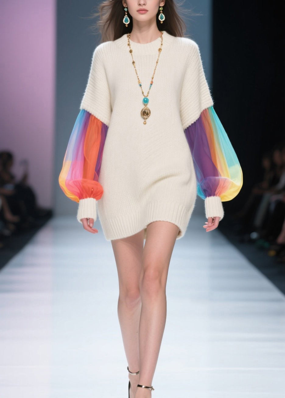 Knit Crew Neck Tulle Lantern Sleeve Ribbed Cuff Mini Sweater Dress