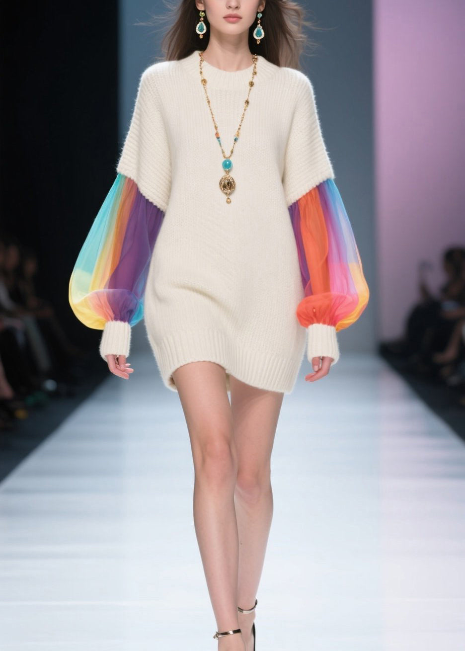 Knit Crew Neck Tulle Lantern Sleeve Ribbed Cuff Mini Sweater Dress