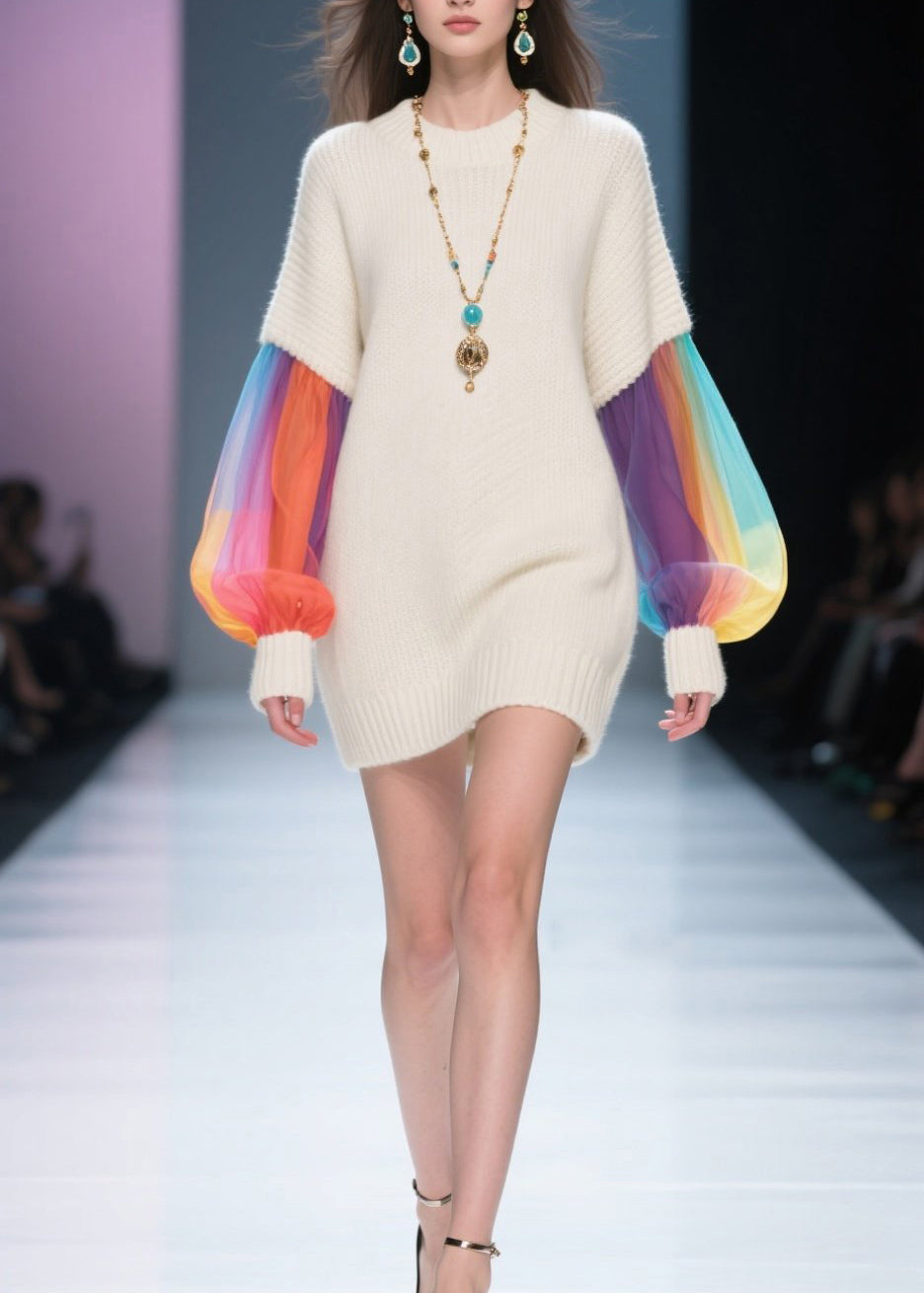 Knit Crew Neck Tulle Lantern Sleeve Ribbed Cuff Mini Sweater Dress