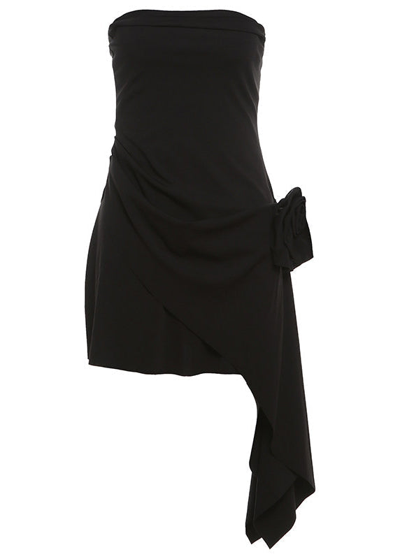 Strapless Rosette Ruched Asymmetric Mini Dress