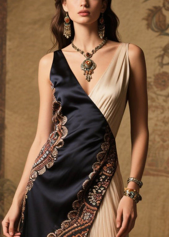 Paisley Border Print Asymmetrical Wrap Pleated Panel Deep V-Neck Maxi Gown