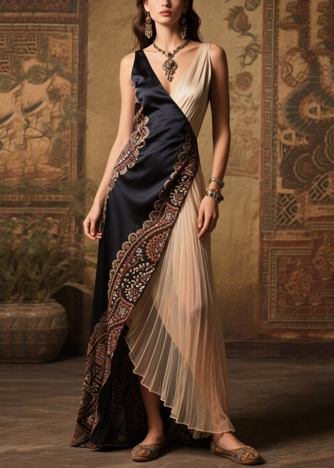 Paisley Border Print Asymmetrical Wrap Pleated Panel Deep V-Neck Maxi Gown