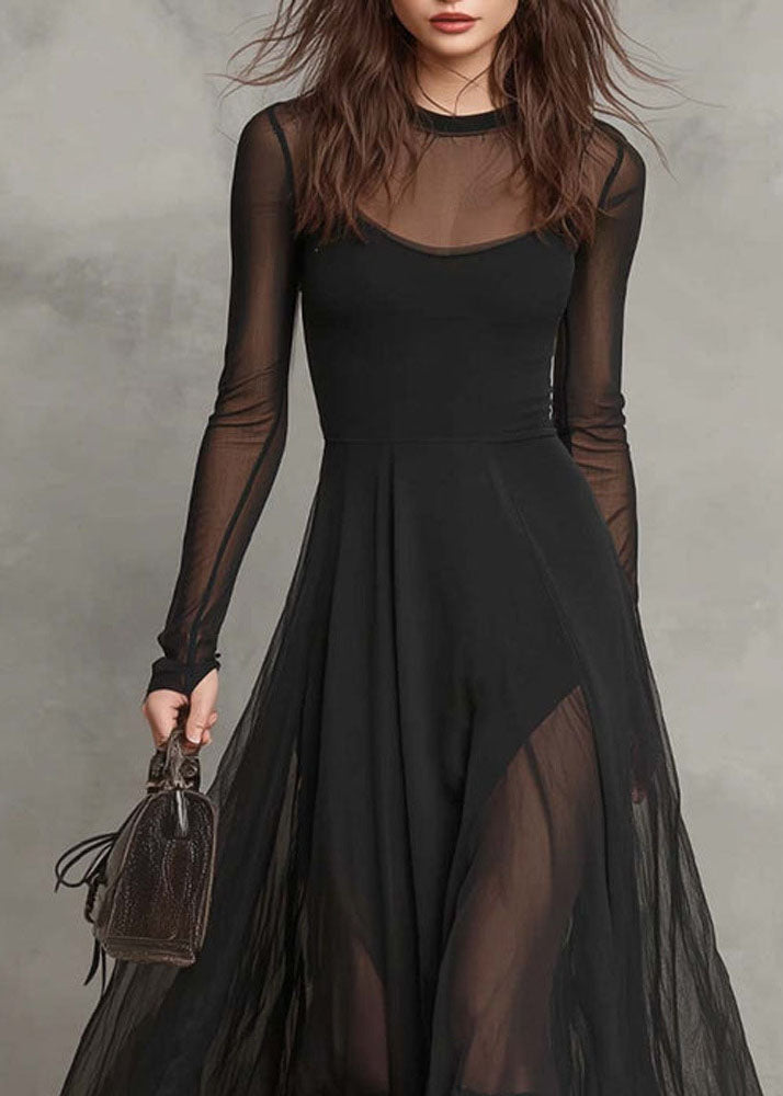 Mesh Crew Neck Long Sleeve Thumbhole Layered Sheer Hem Maxi Dress