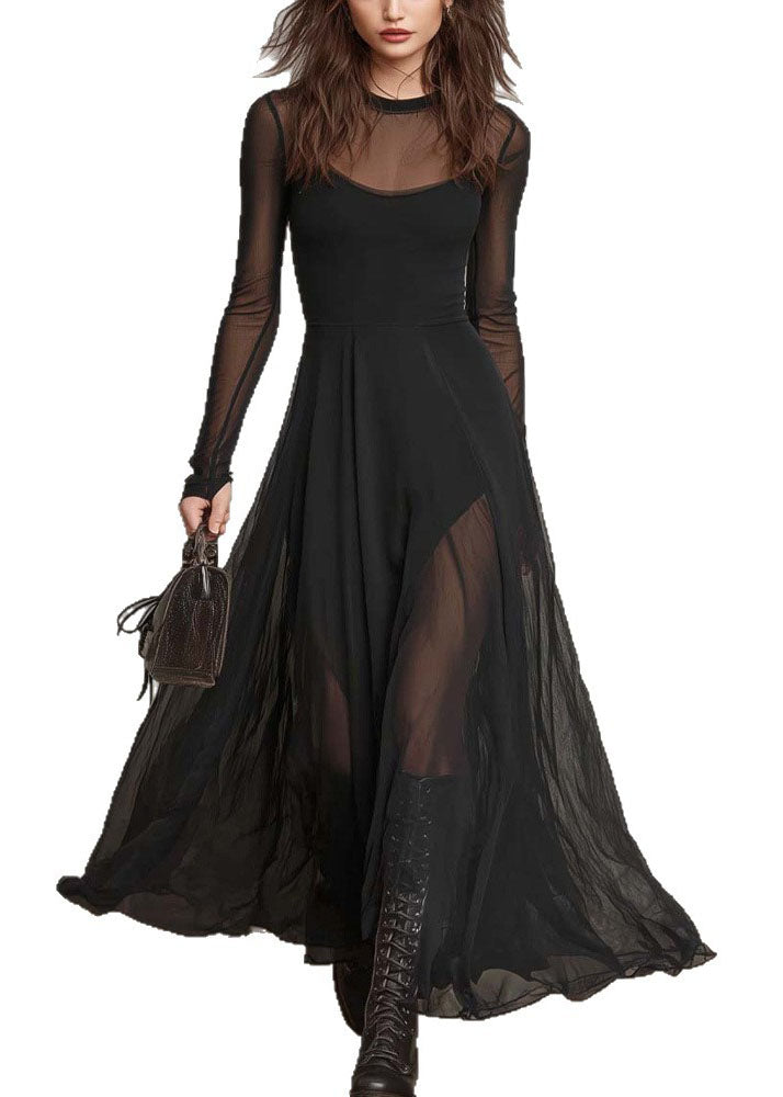 Mesh Crew Neck Long Sleeve Thumbhole Layered Sheer Hem Maxi Dress