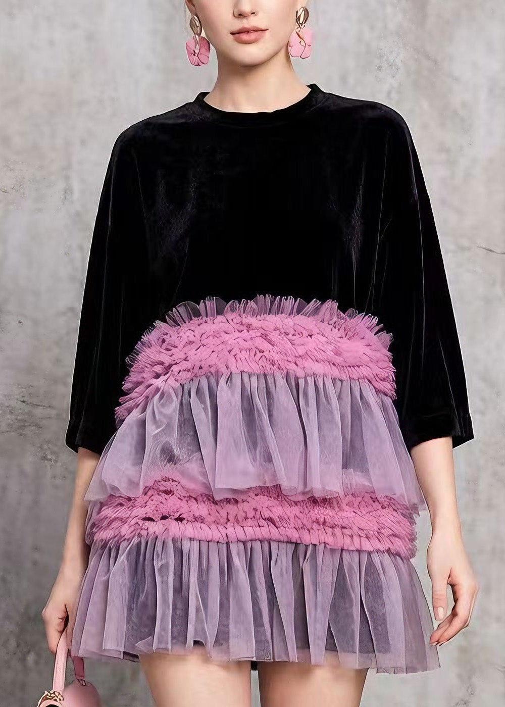 Style Black O Neck Ruffled Tulle Patchwork Velvet Mini Dress Summer 2