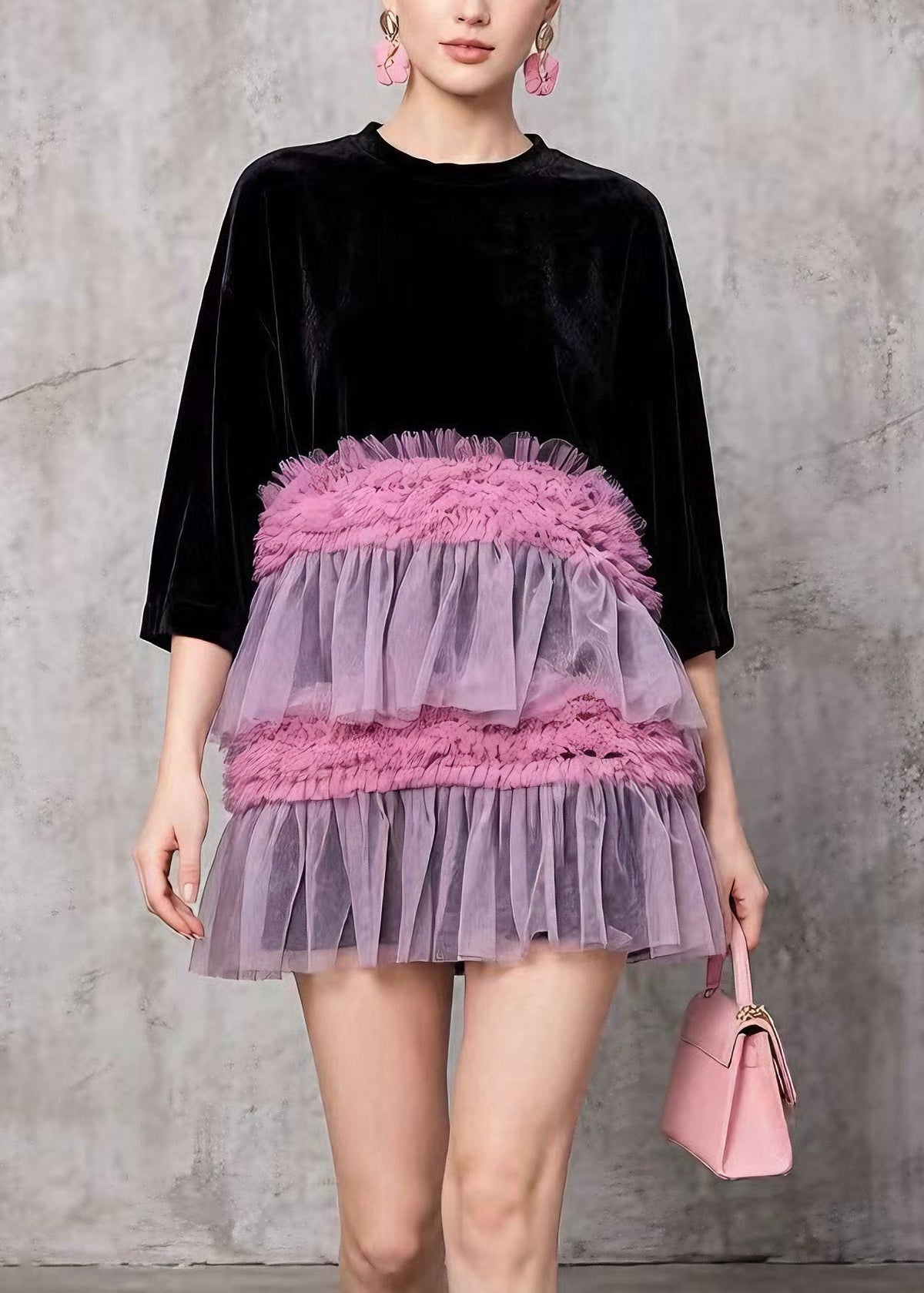 Velvet Crew Neck Half Sleeve Tiered Ruffle Tulle Skirt Mini Dress 3