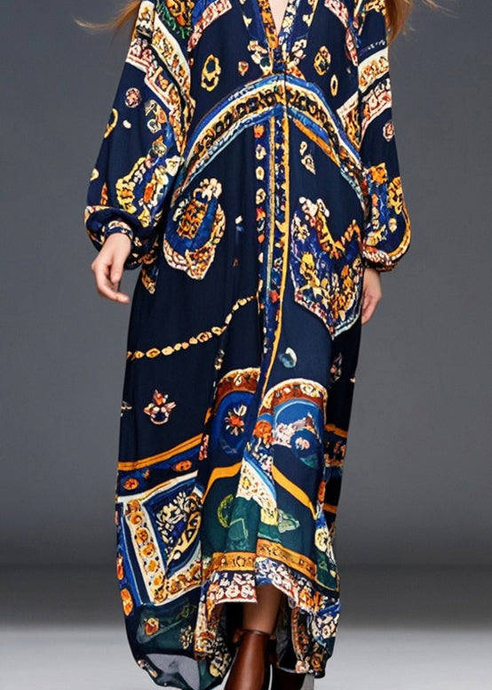 Medallion Print Deep V-Neck Blouson Long Sleeve Chiffon Maxi Dress