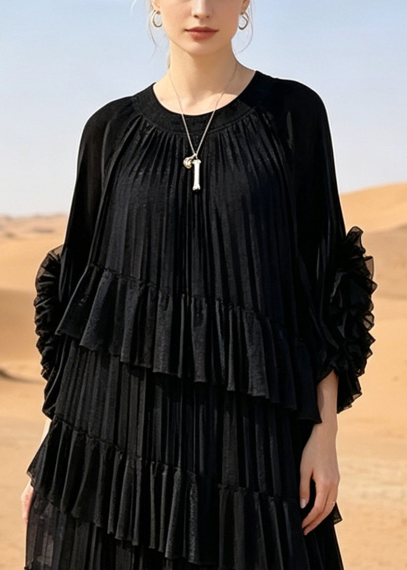 Crew Neck Long Sleeve Tiered Ruffle Pleated Chiffon Maxi Dress