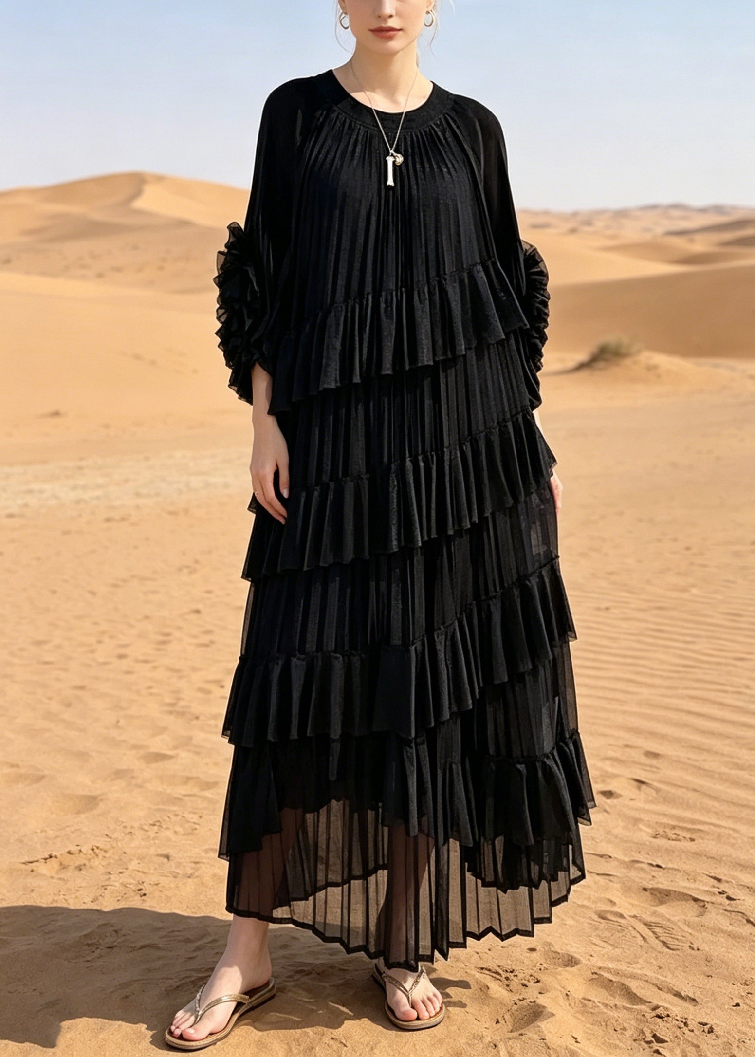 Crew Neck Long Sleeve Tiered Ruffle Pleated Chiffon Maxi Dress