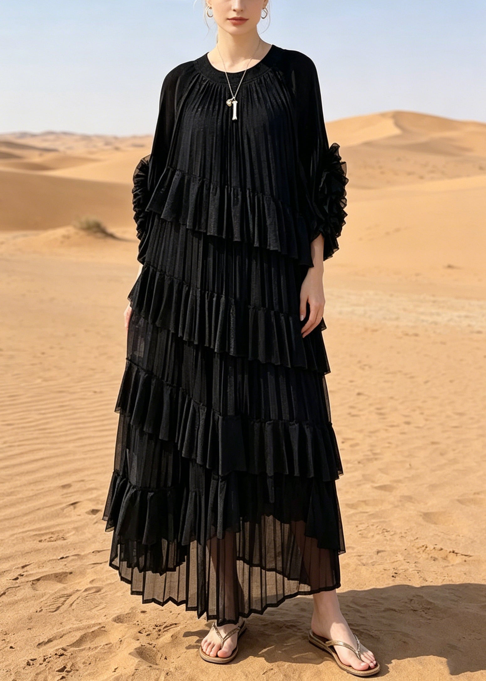 Crew Neck Long Sleeve Tiered Ruffle Pleated Chiffon Maxi Dress