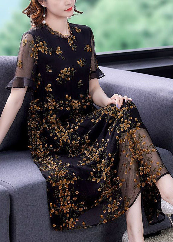 Style Black Ruffled Collar Embroideried Tulle Cinched Dress Summer 2