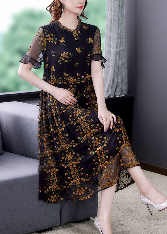 Style Black Ruffled Collar Embroideried Tulle Cinched Dress Summer 3