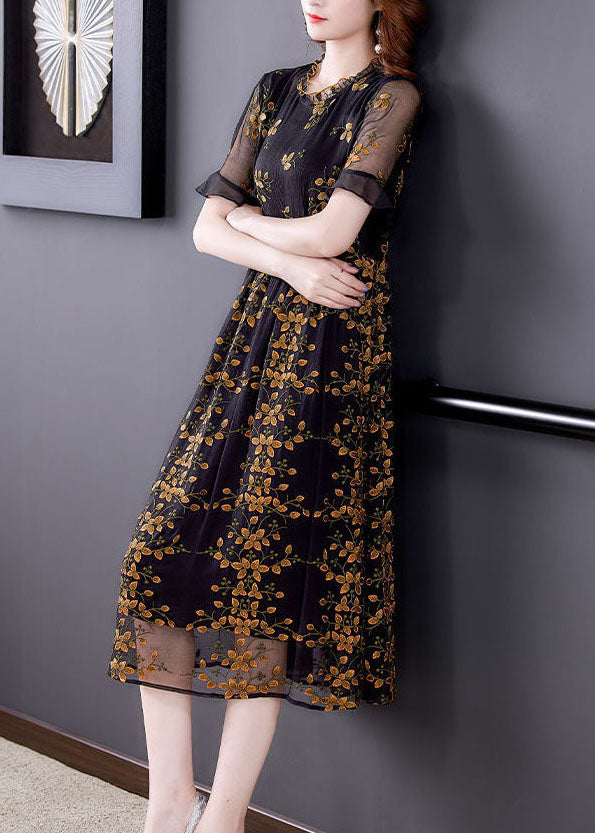 Style Black Ruffled Collar Embroideried Tulle Cinched Dress Summer 4