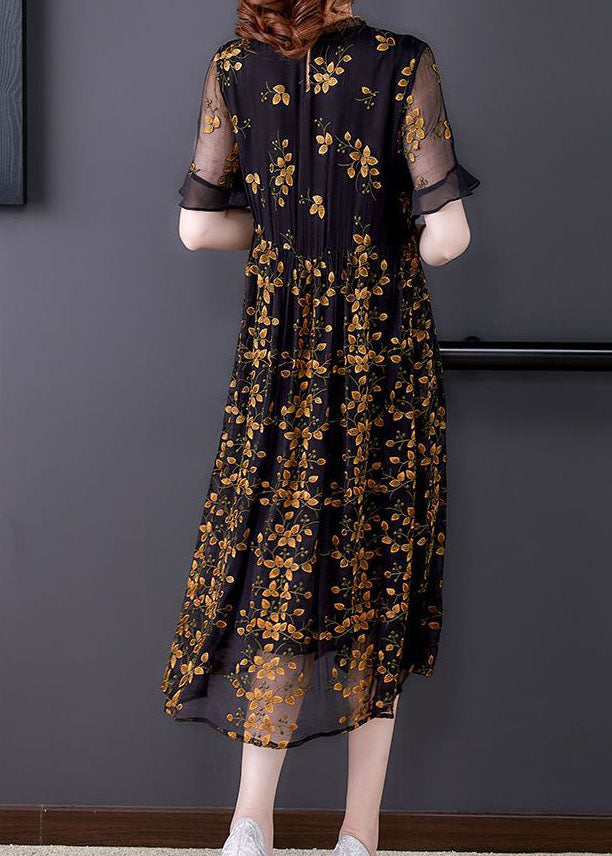 Style Black Ruffled Collar Embroideried Tulle Cinched Dress Summer 5