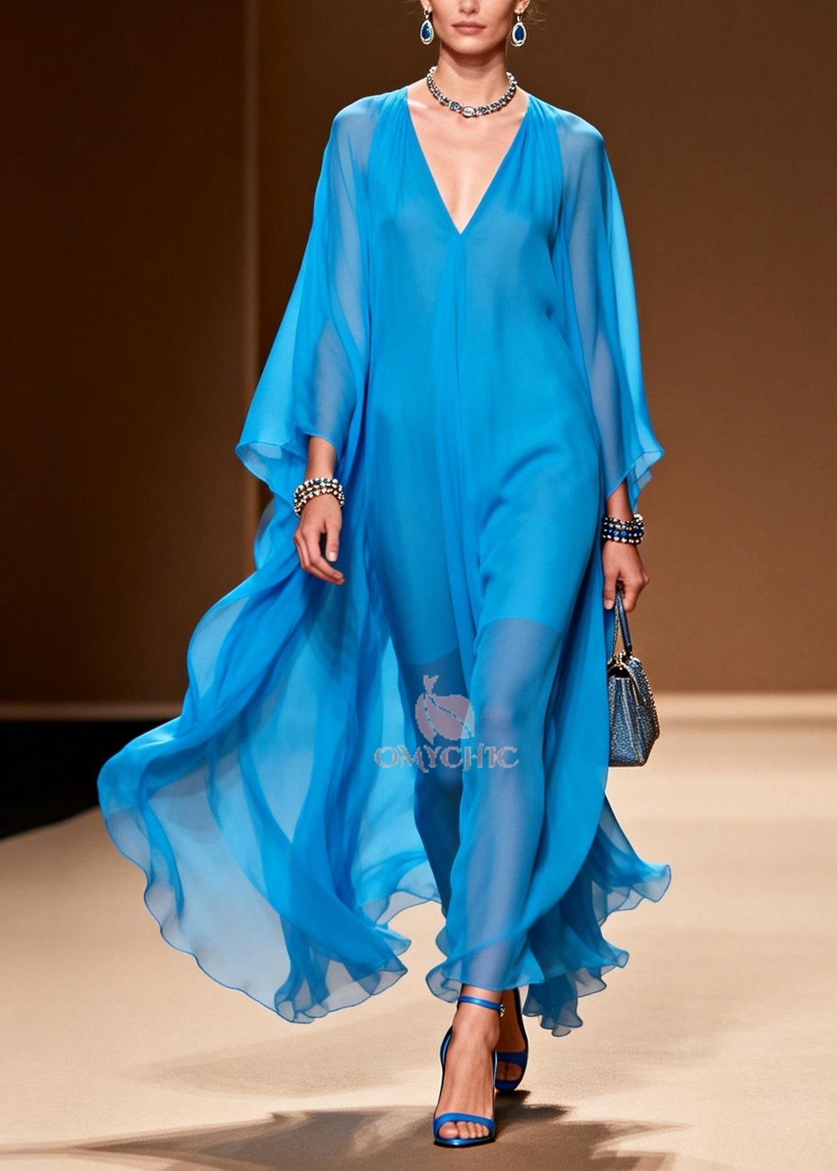 Sheer Chiffon V-Neck Batwing Sleeve Draped Kaftan Maxi Dress 3