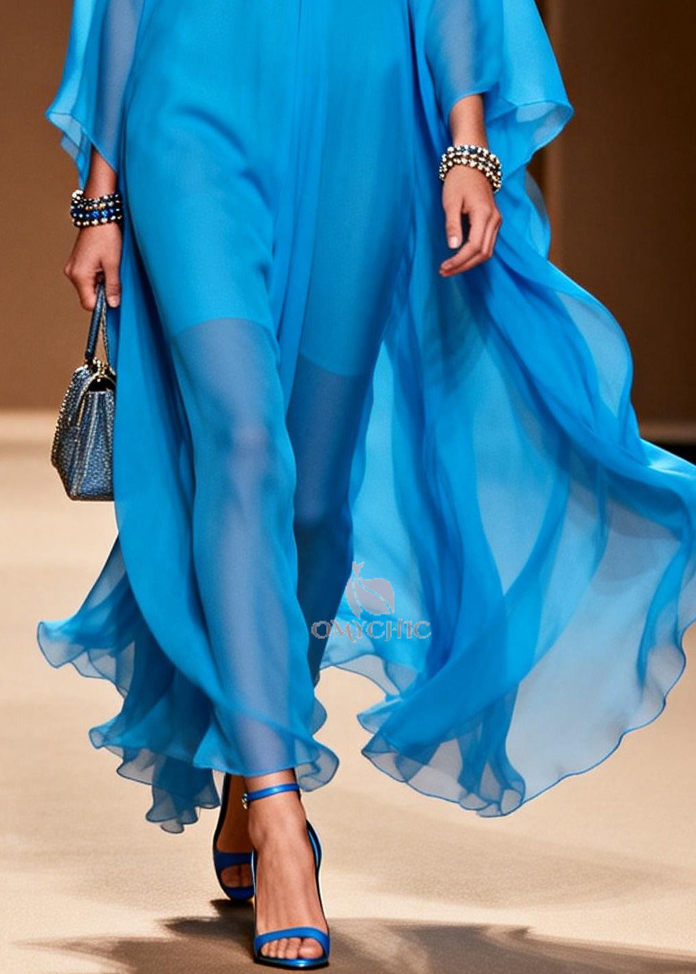 Sheer Chiffon V-Neck Batwing Sleeve Draped Kaftan Maxi Dress 4