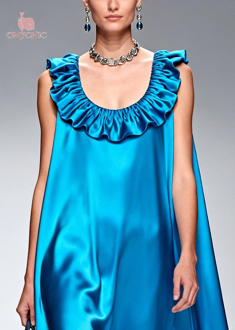 Style Blue Ruffled Floral Silk Robe Dresses Sleeveless - View 2