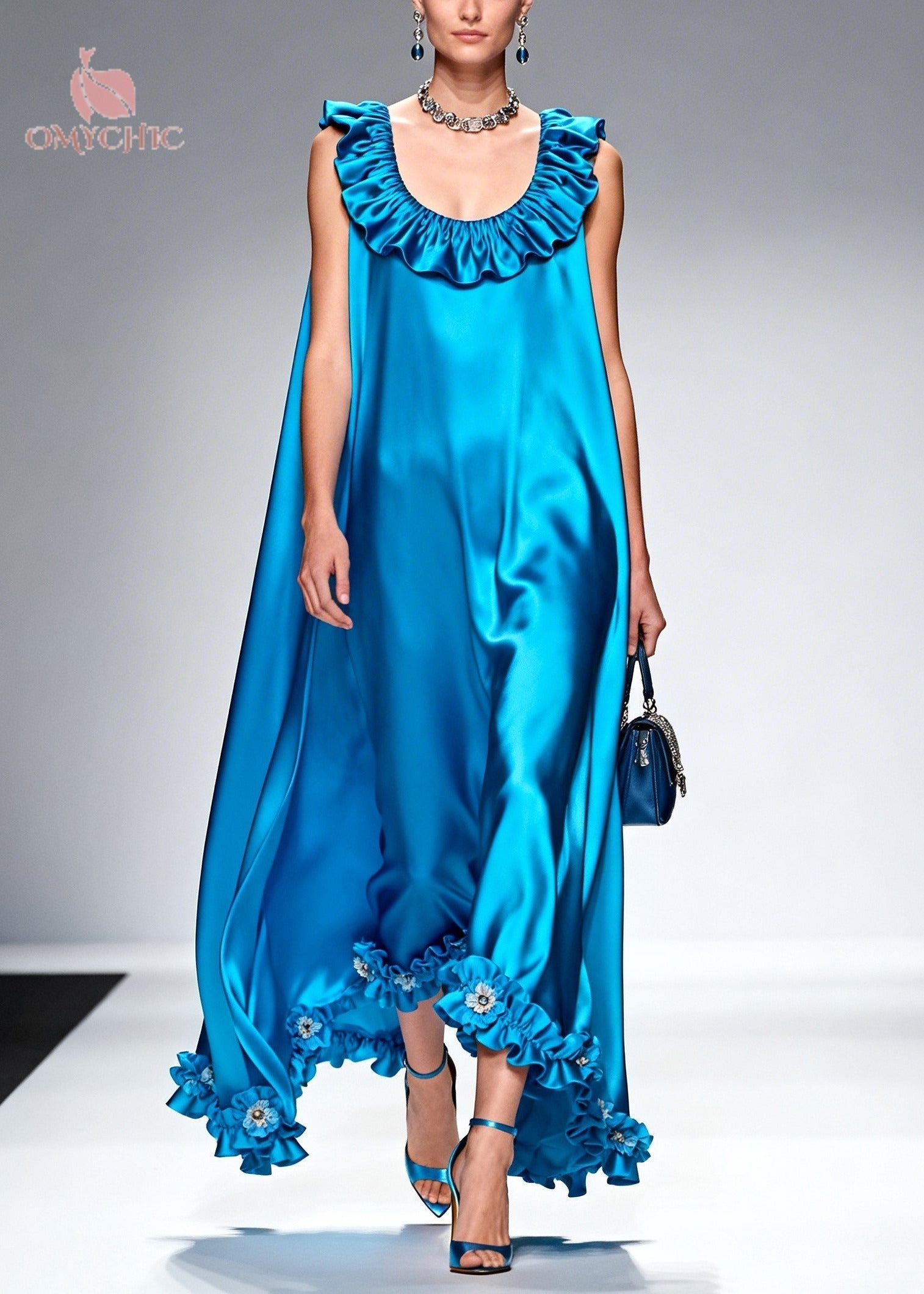 Style Blue Ruffled Floral Silk Robe Dresses Sleeveless - View 3
