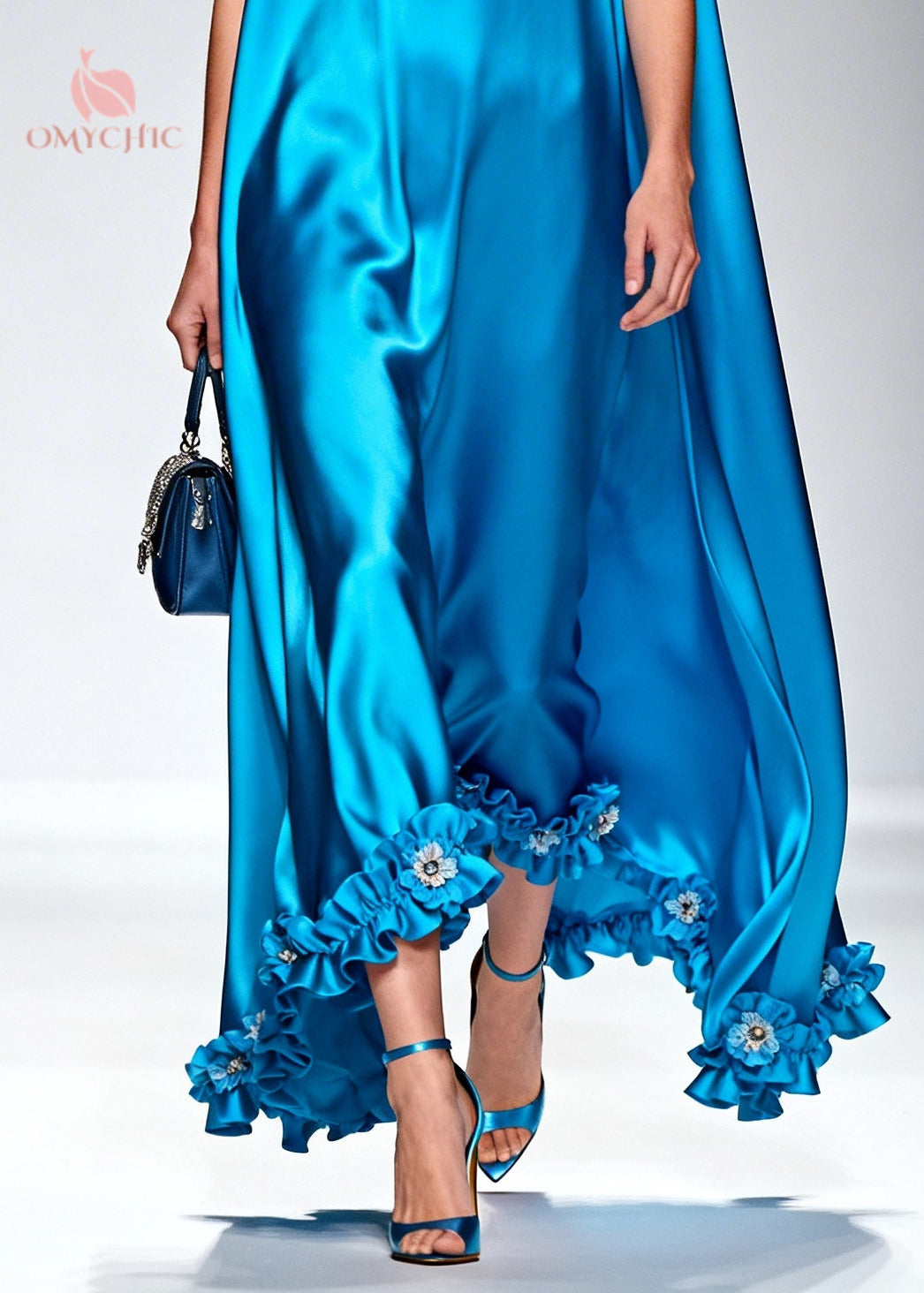 Style Blue Ruffled Floral Silk Robe Dresses Sleeveless - View 4
