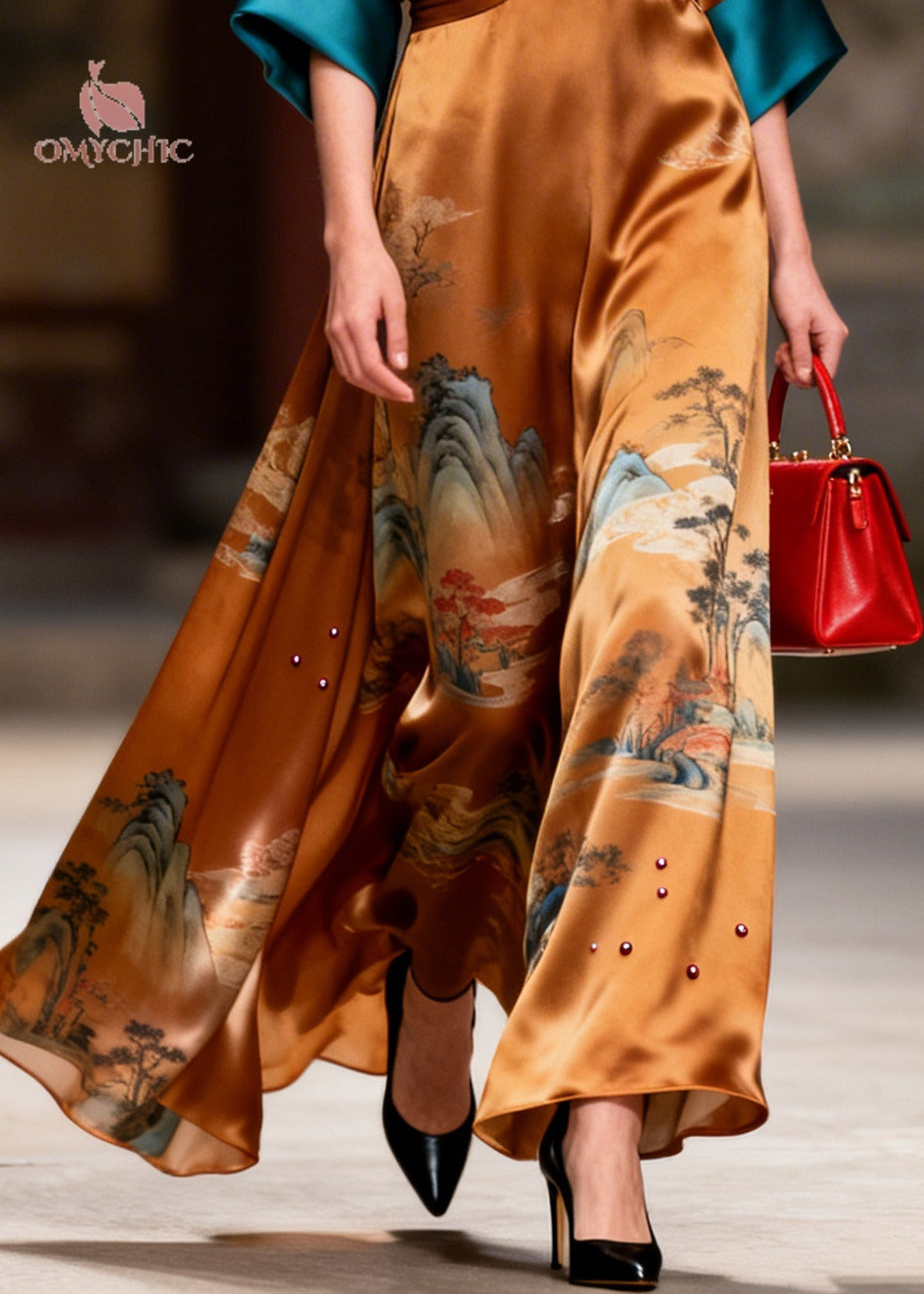 Style Brown Print Nail Bead Draping Silk Long Dress Summer
