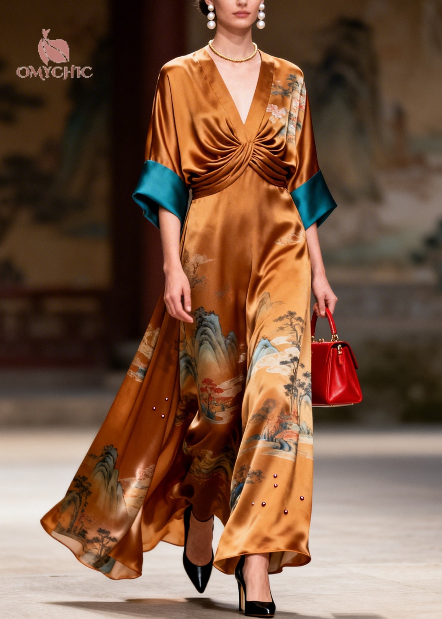 Satin Landscape Print Deep V-Neck Twist Front Rhinestone Trim Maxi Gown