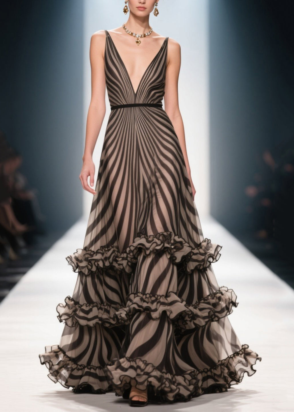 Style Brown Ruffled Striped Chiffon Evening Dress Summer 3