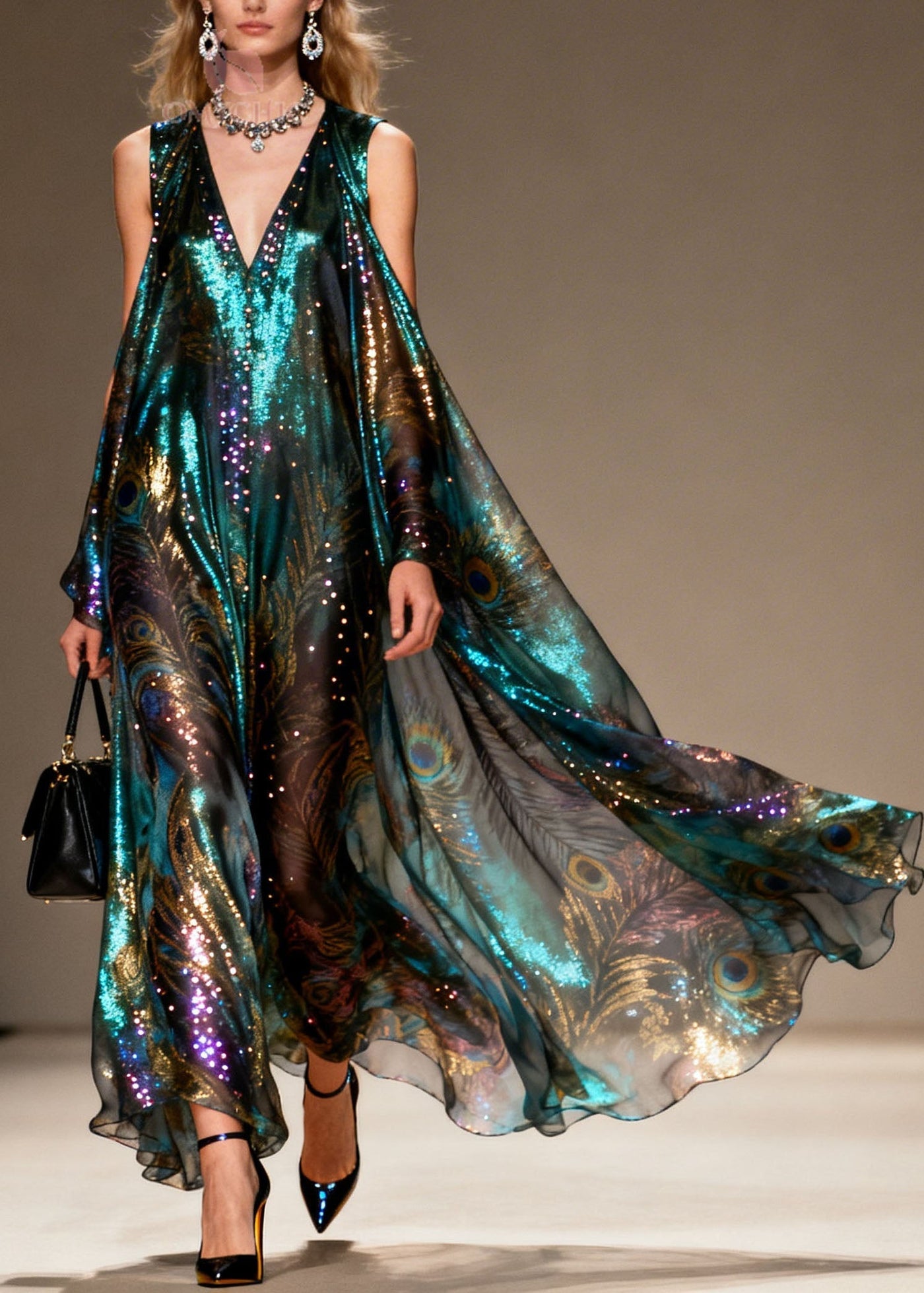Style Cold Shoulder Print Zircon Chiffon Maxi Dresses Summer 3
