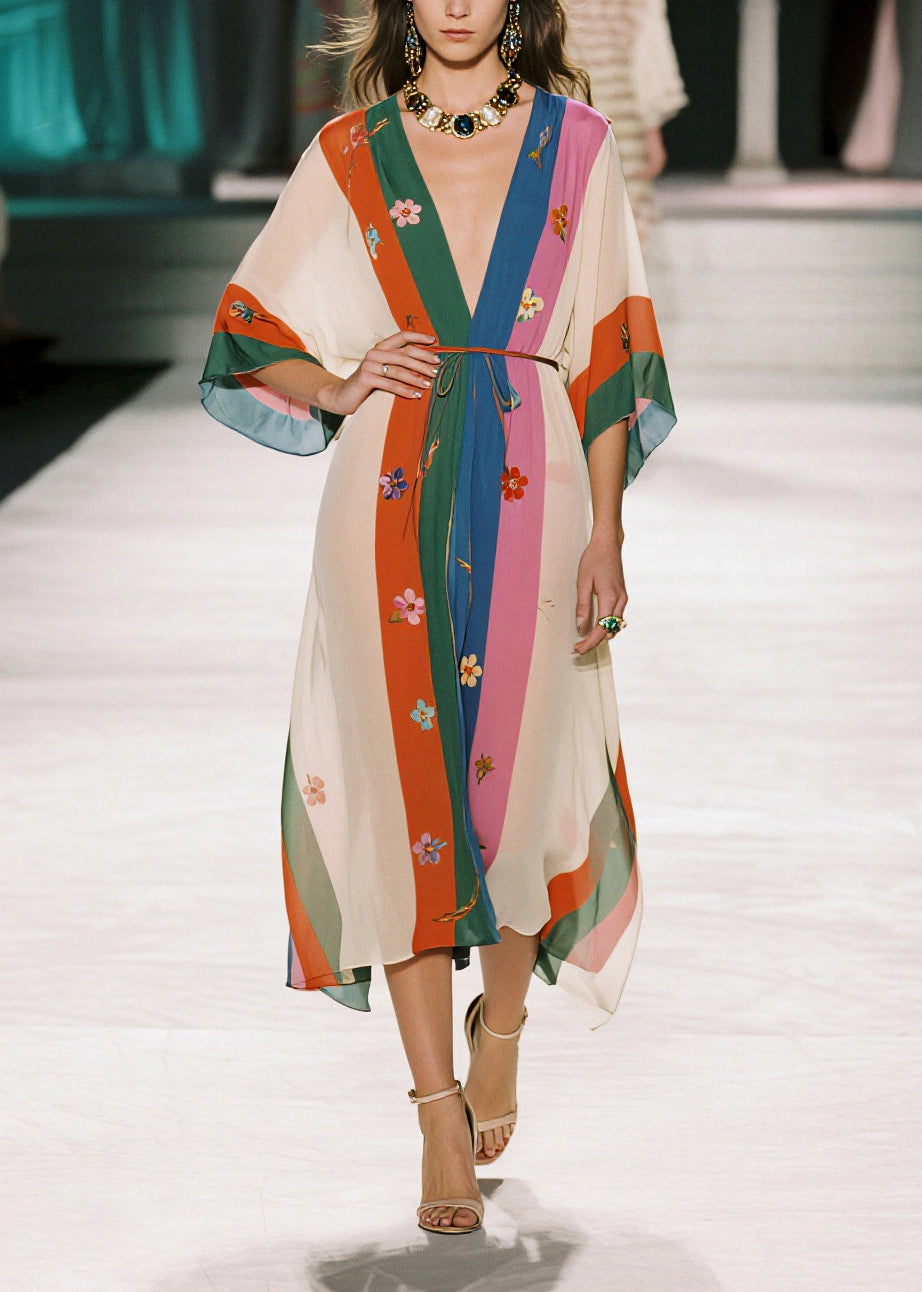 Floral Embroidery Striped Deep V-Neck Kimono Sleeve Tie Waist Kaftan Midi Dress