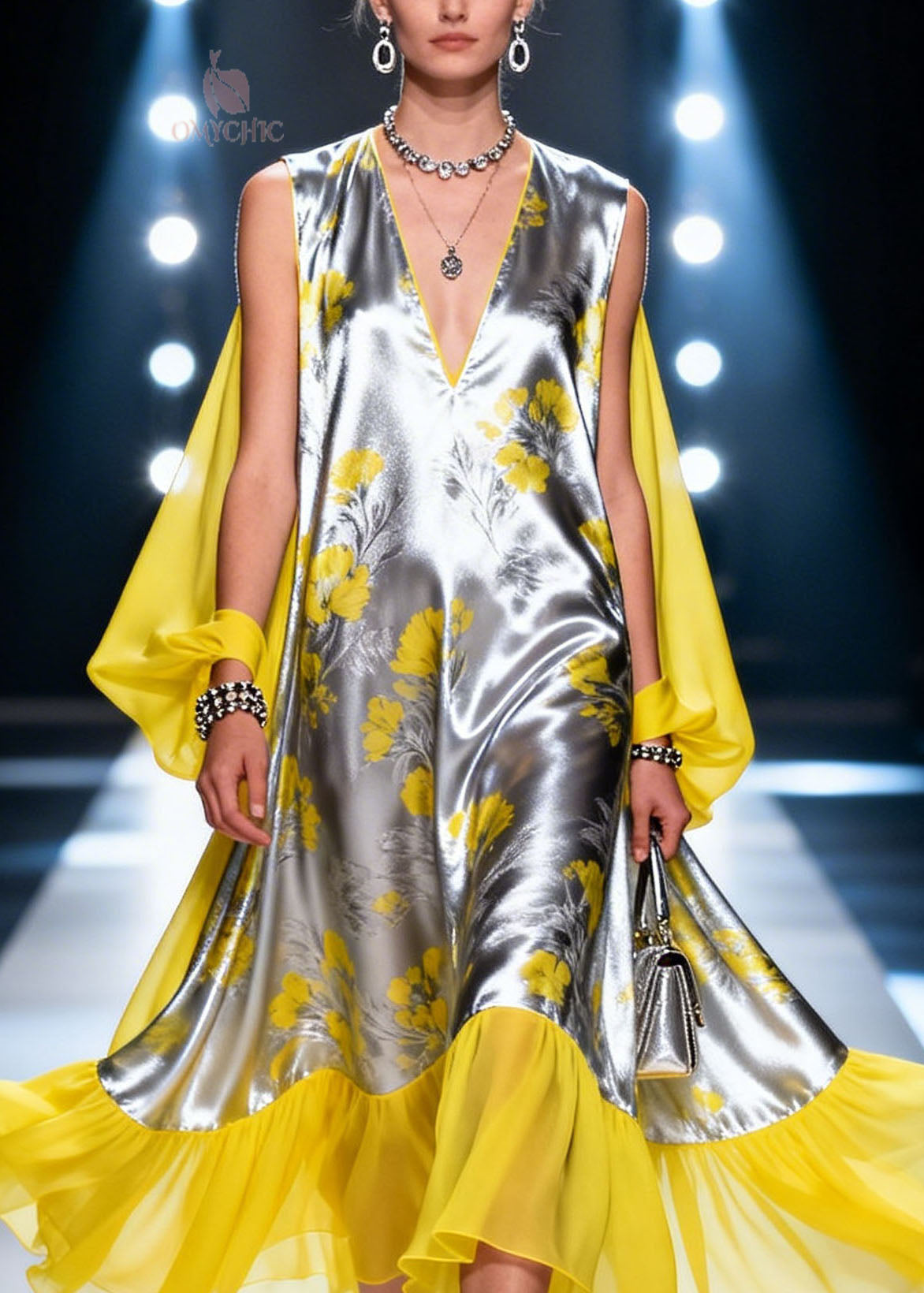 Metallic Floral Print V-Neck Cape Sleeve Sheer Ruffle Hem Midi Dress
