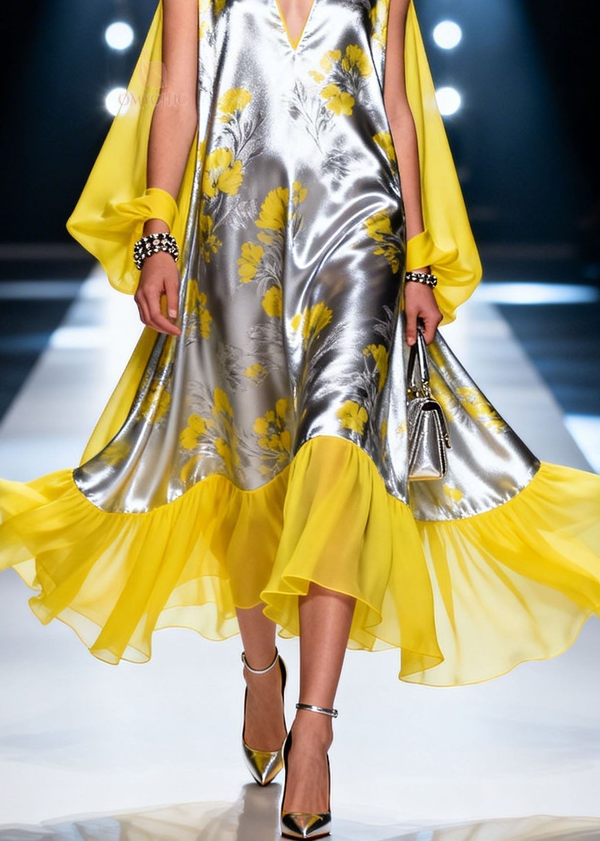 Metallic Floral Print V-Neck Cape Sleeve Sheer Ruffle Hem Midi Dress