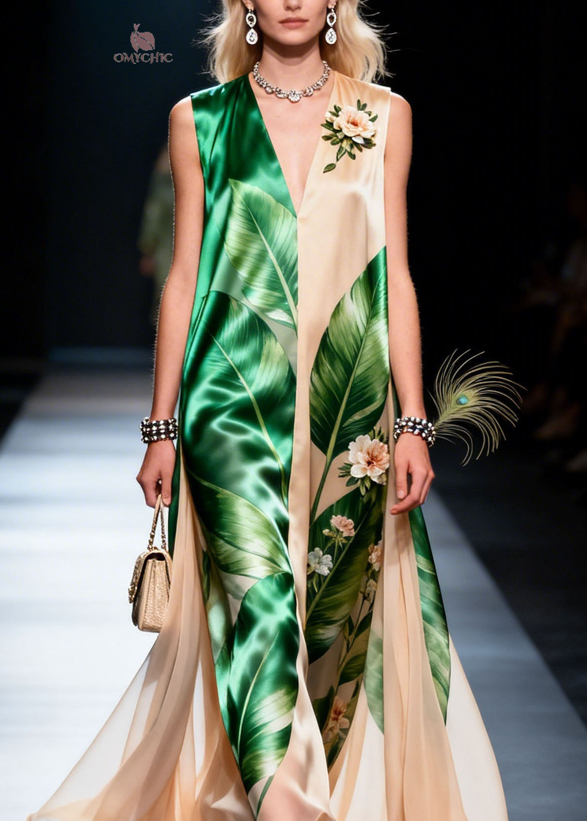 Tropical Leaf Print V-Neck Sleeveless Floral Applique Layered Cape Hem Maxi Gown