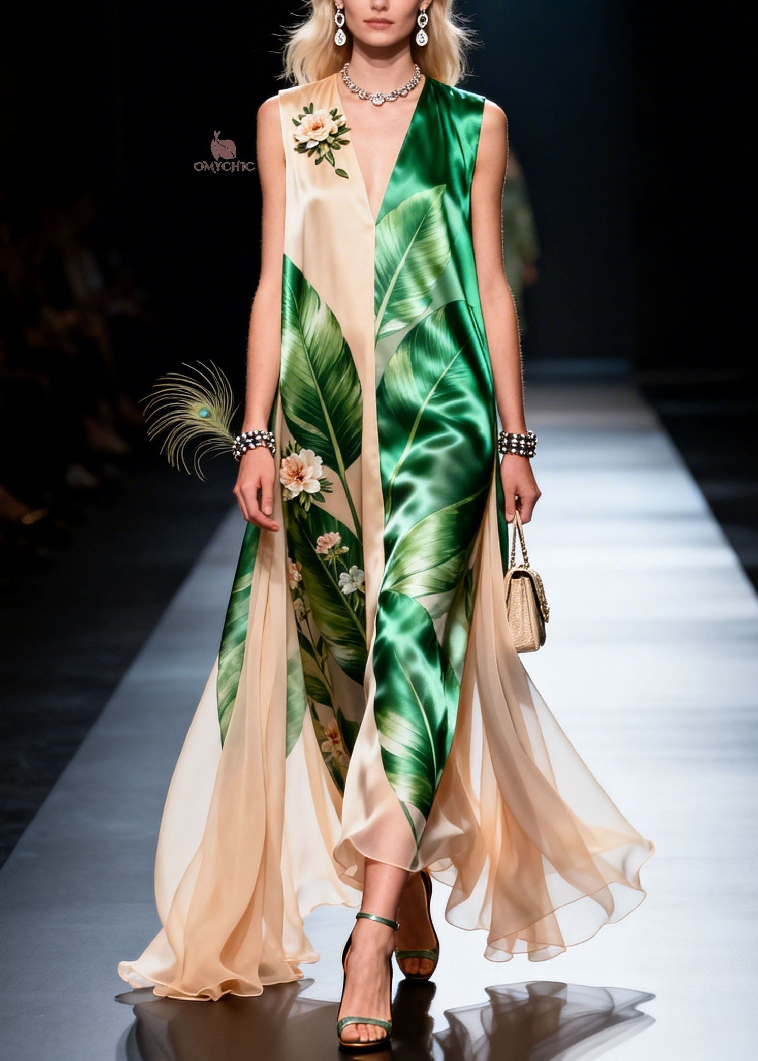Tropical Leaf Print V-Neck Sleeveless Floral Applique Layered Cape Hem Maxi Gown