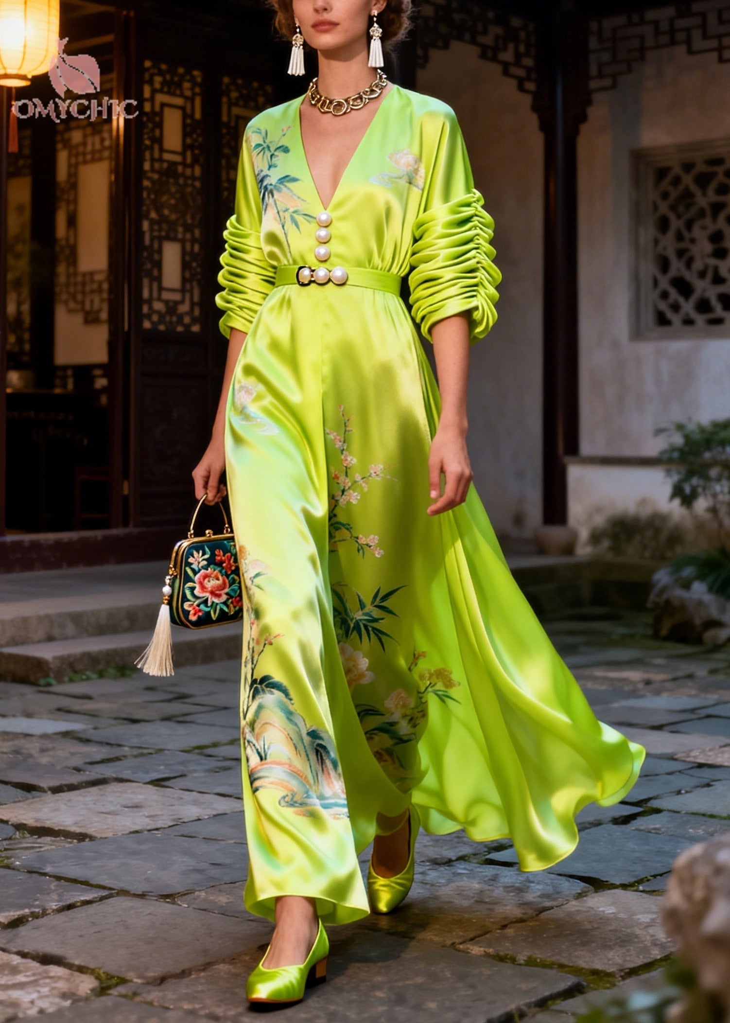 Cherry Blossom Bamboo Print Satin Pearl Button Ruched Sleeve Wide Leg Maxi Jumpsuit