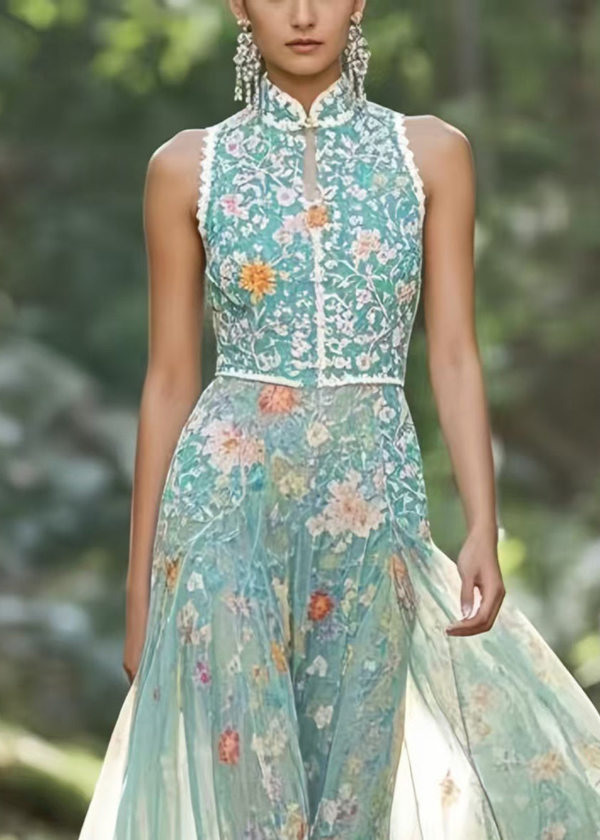 Mandarin Collar Chiffon Floral Sleeveless Dress - View 2