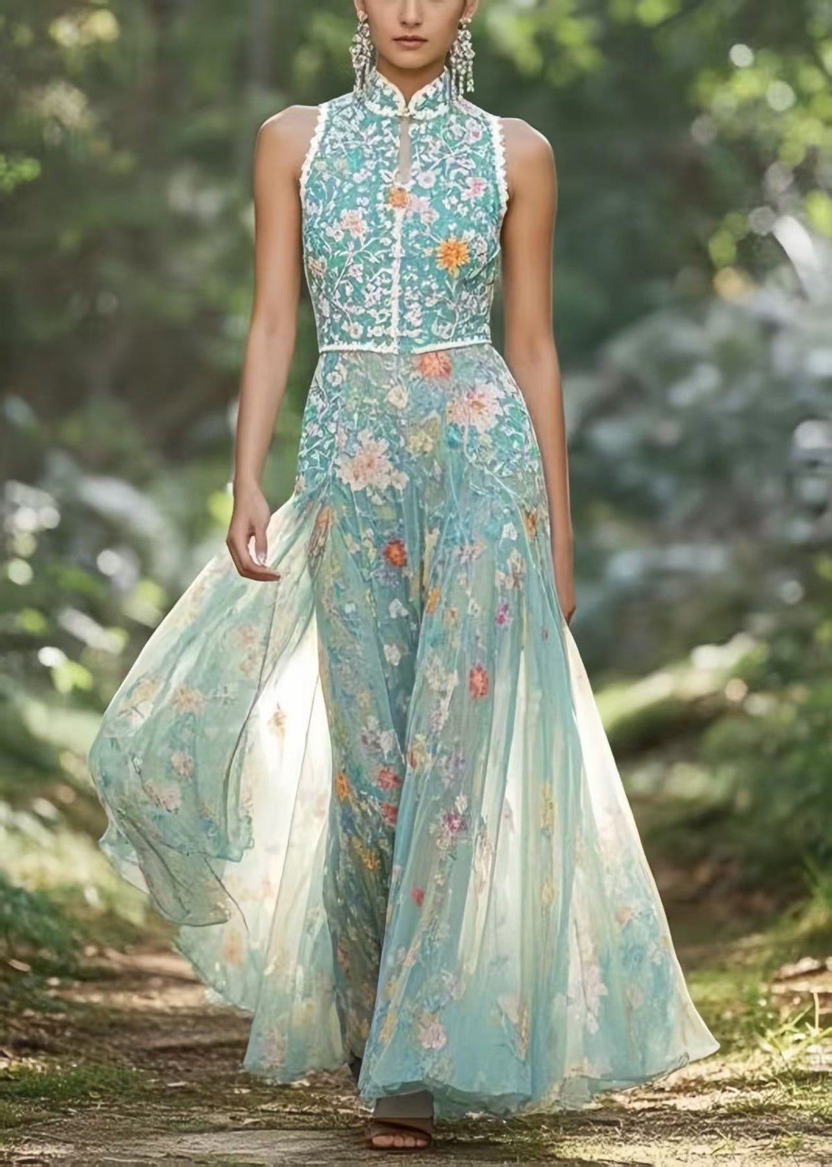 Mandarin Collar Chiffon Floral Sleeveless Dress - View 3