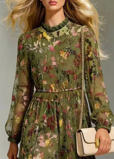 Floral Print High Neck Long Sleeve Tiered Ruffle Chiffon Midi Dress