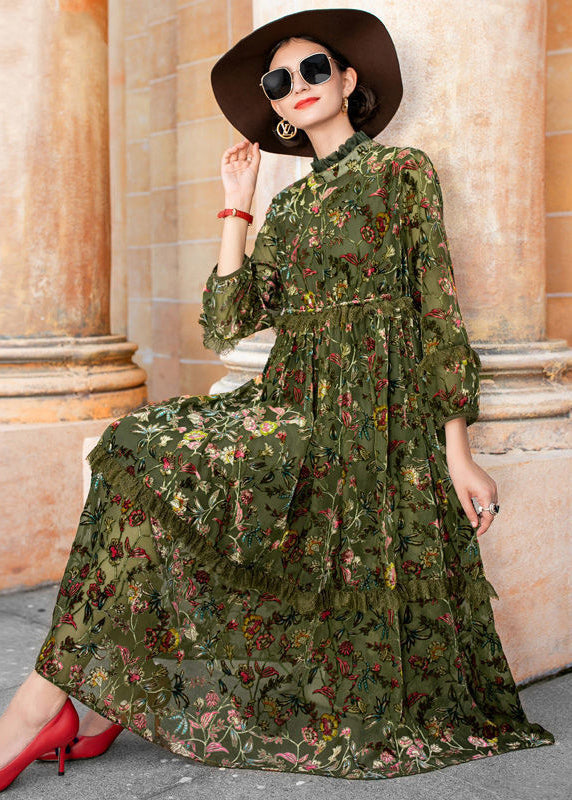 Burnout Velvet Floral Mock Neck Tiered Fringe Long Sleeve Maxi Dress