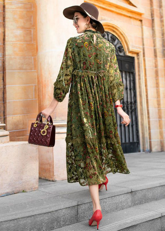 Burnout Velvet Floral Mock Neck Tiered Fringe Long Sleeve Maxi Dress