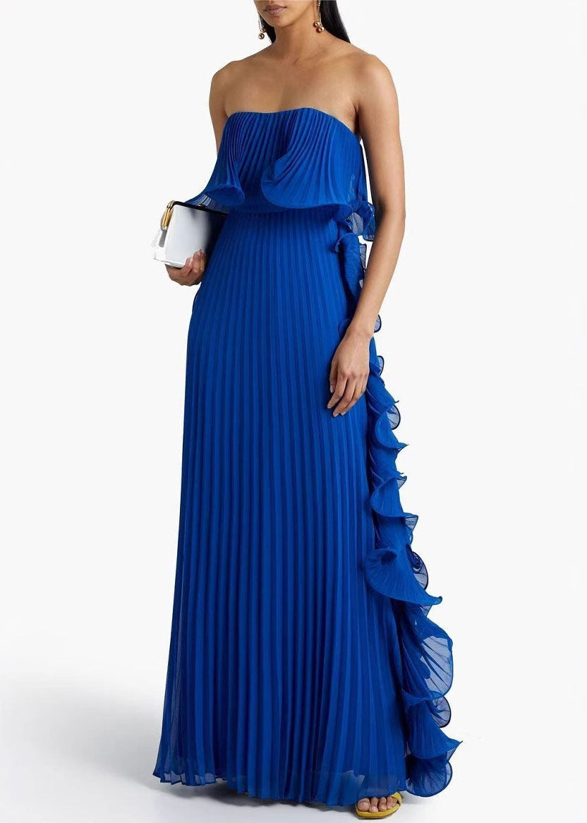 Style Green Ruffled Wrinkled Patchwork Chiffon Strapless Long Dress 4