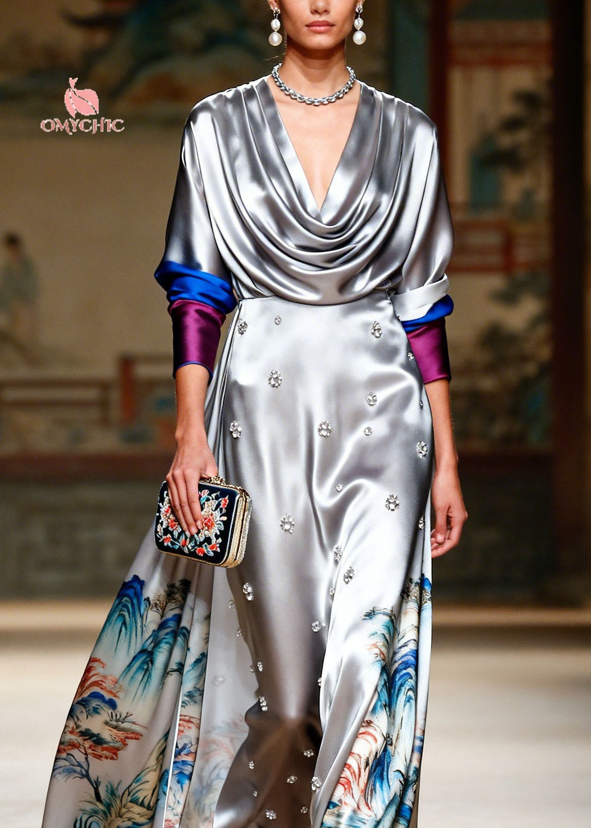 Satin Deep V-Neck Long Sleeve Contrast Cuff Landscape Print Maxi Gown