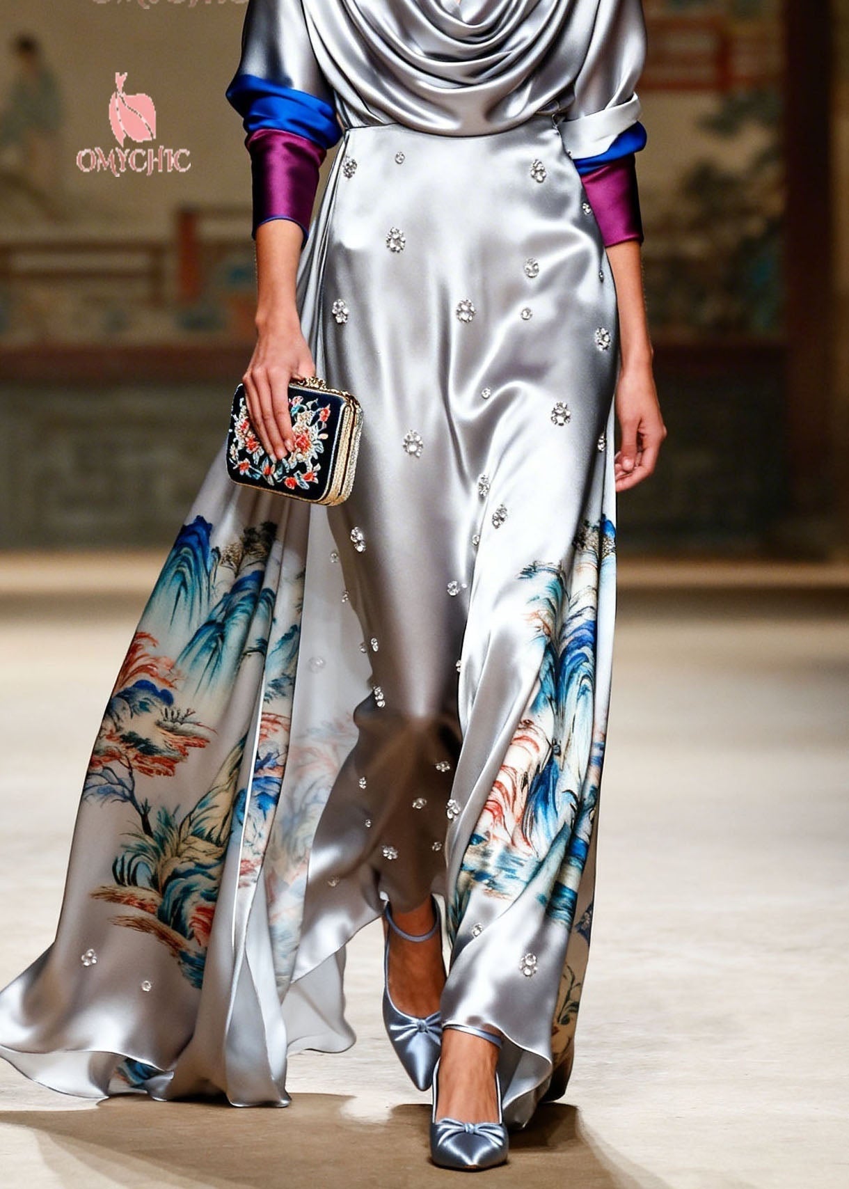Satin Deep V-Neck Long Sleeve Contrast Cuff Landscape Print Maxi Gown