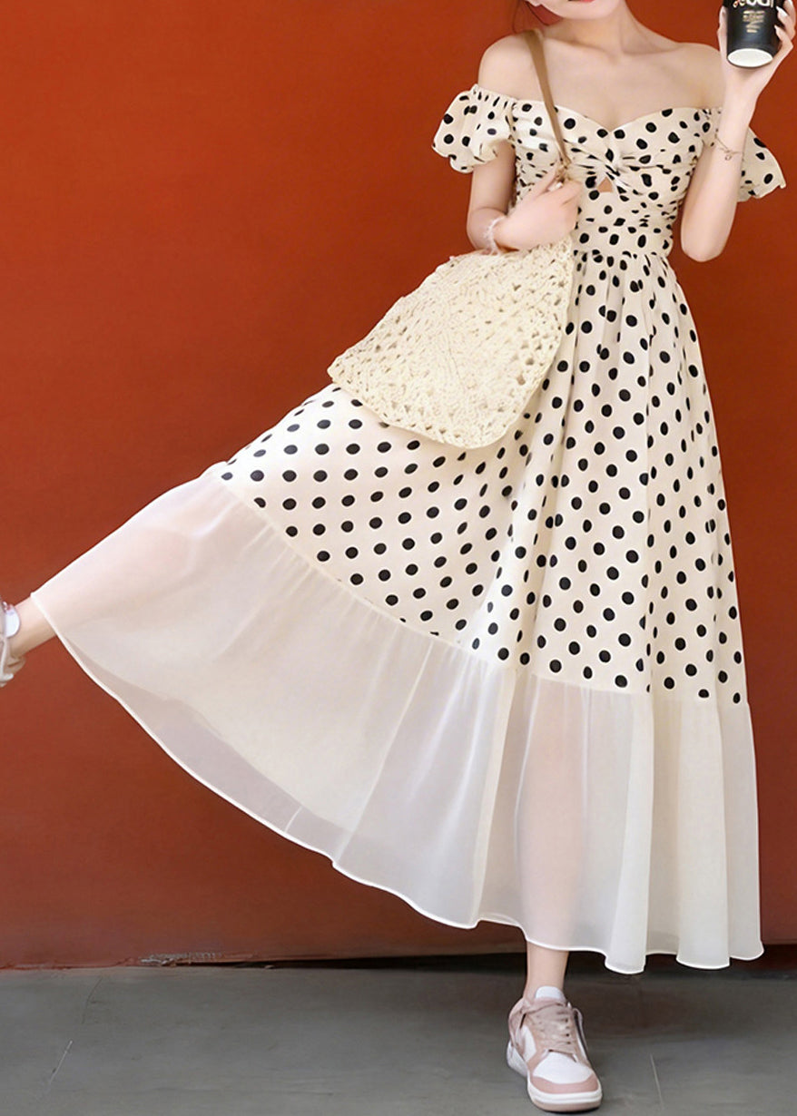 Polka Dot Off Shoulder Sweetheart Knot Cut Out Ruffle Sleeve Tiered Hem Maxi Dress