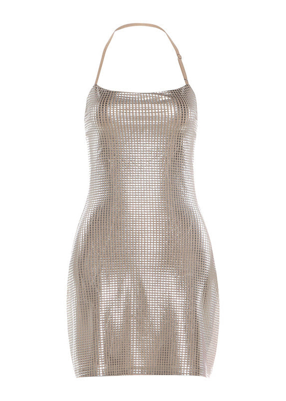 Style Khaki Rhinestone Cotton Mini Dress Summer 5